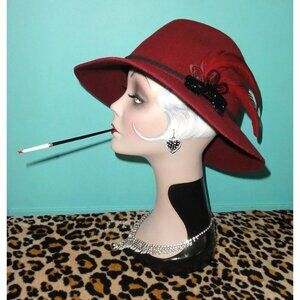 Vintage Burgundy Cloche Hat w/ Bow and Feathers church hat pinup Kentucky Derby